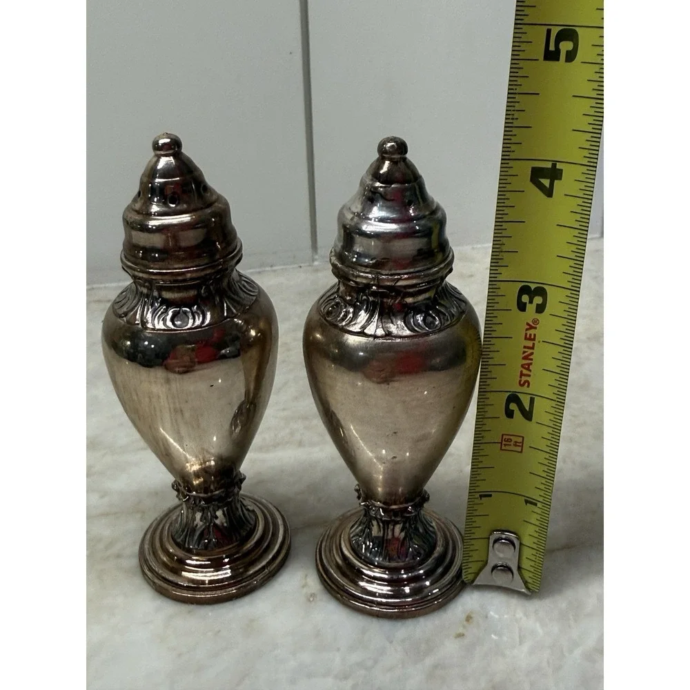 Vintage Silver Plate Salt & Pepper Shakers Made USA #353 Etched Symbols Design